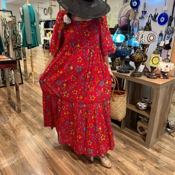 Cicek maxi red cotton dress, %100 cotton, cotton lined,